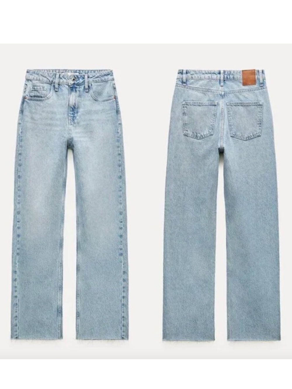 Zara Raw Hem High Rise Straigt Leg Jeans 10 Light Wash 100% Cotton Hidden String - Picture 2 of 11